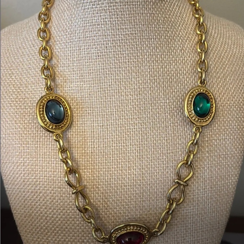 Vintage YSL Elegant Gold Chain Necklace with Multicolor Stones